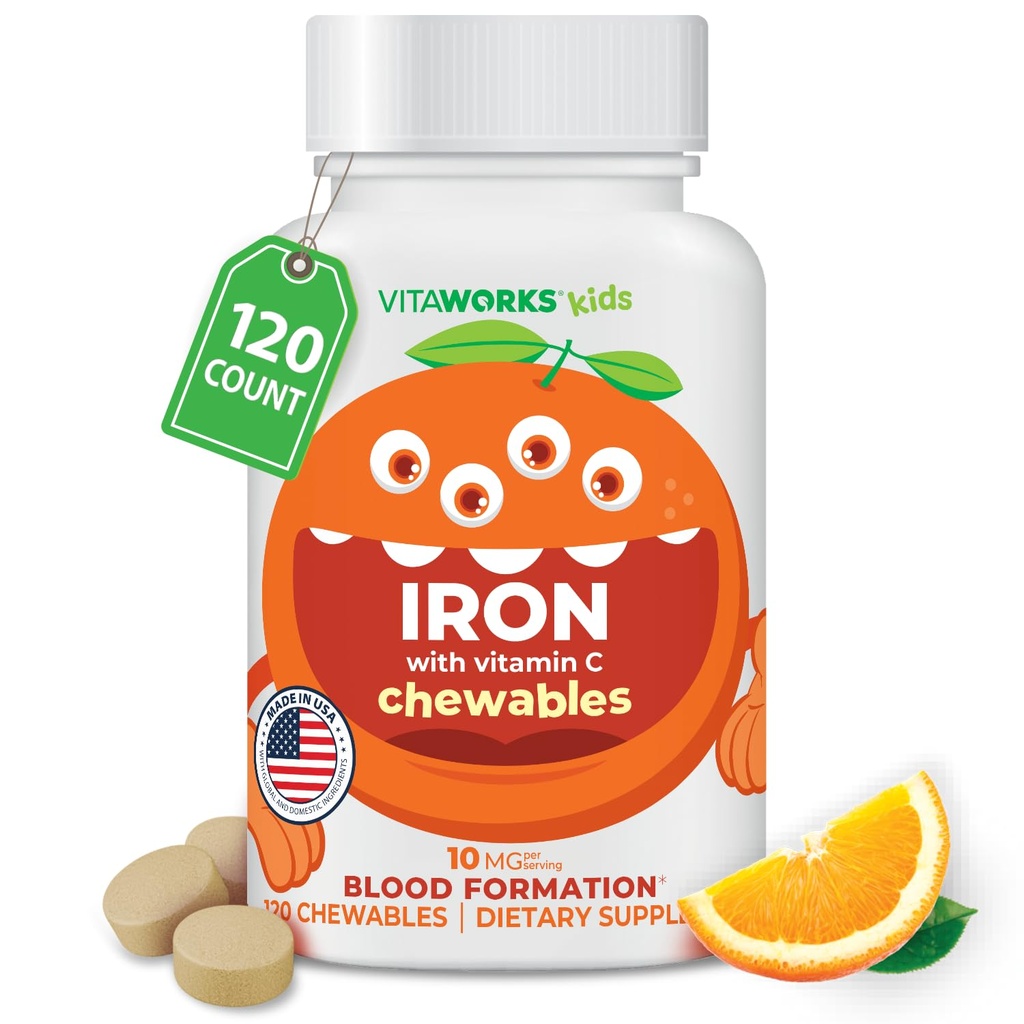 Kids Iron 10mg with Vitamin C 50mg Chewable Tablets - Tasty Natural Flavored - Vegan, Vegetarian, GMO-Free, Nut Free - Dietary Iron Supplement - Blood Formation for Children - 120 Chewables