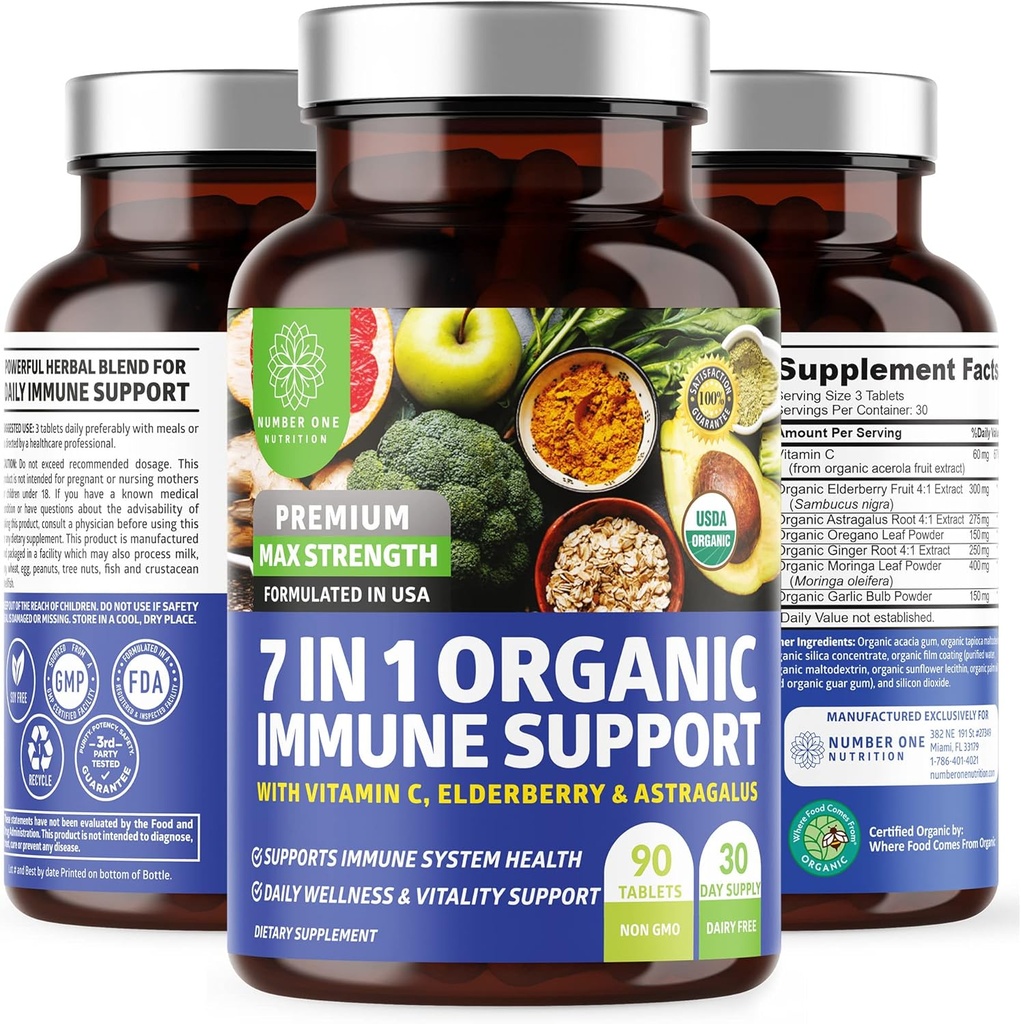 N1N Premium 7 1 Immune Support Supplement [100% USDA Organic] Daily Immune Vitamin C, Yaşlıberry, Moringa Leaf, Oregano və Immunity və Inflammatory Response üçün Boost, 90 Tablet