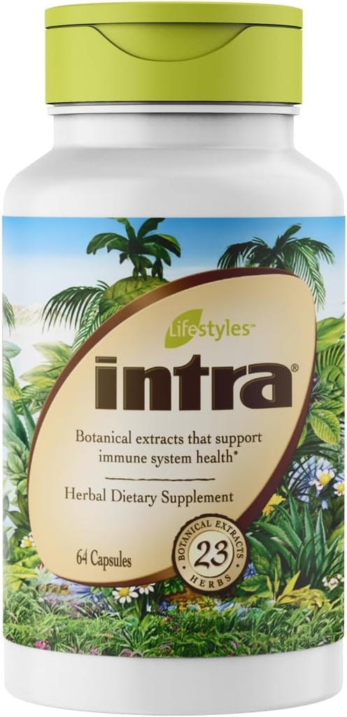 Intra Lifestyles kapsulak - Herbal osagarria laguntza inmuniorako, Detox, Digestio eta Kardiobaskular Osasunerako - 23 erauzketa botanikoak - Kanadan egina - 64 kapsulak (1eko paketea)