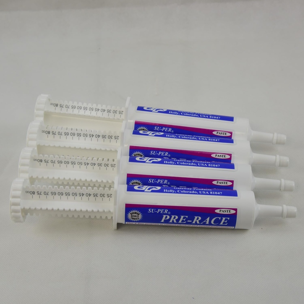 SUPER Pâte pré-race pour chevaux - Soutien de performance pour l'exercice musculaire - Créatine buvée, acides aminés, extraits à base de plantes, anti-oxydants, vitamines complexes B - 60CC, cas de 4