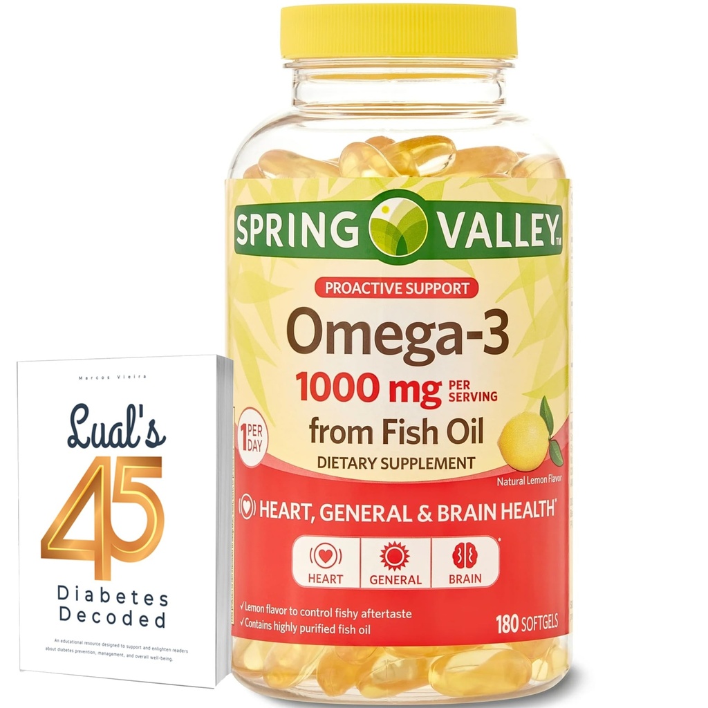 Spring Valley Omega-3 Fish Oil Soft Gels, 1000 mg, 180 Count, Dietary Supplement, Omega-3 Fatty Acids Bundle with Lual's 45 Diabetes Decoded