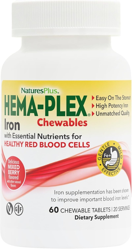Naturas Plus Hema-Plex fier - 60 Mixed Berry Chewables - 85 mg Elemental Iron - Total sânge Sănătate - cu vitamina C & Bioflavonoids - Vegan, Gluten Free - 20 Servings