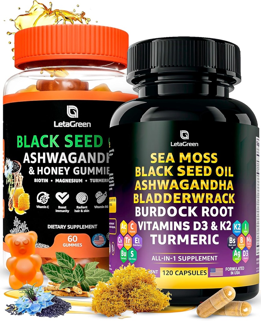 Itsasoko Moss kapsulak + Seed Oil Gummies Bundle, 60 Black Seed Gummies + 120 Sea Moss Pills, Natural Defense Support with Vitamins and Multi Minerals Supplement Bundle