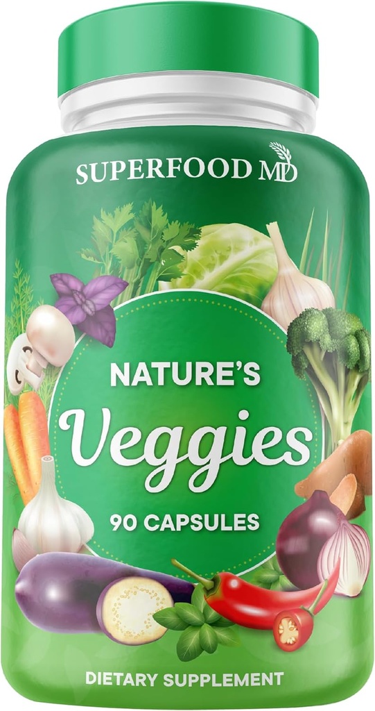 Superfood MD Veggies תוסף - 90 Veggie קפסולות - תומך רמות אנרגיה, Beta Carotene, ויטמינים ומינרלים - Soy Free - 90 Count Count
