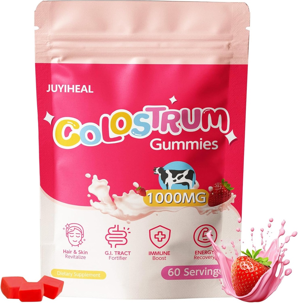 Colostrum Gummys, 1 000 mg grass Fed Colostrum Chews Colostrum 古特健康、头发生长、美容和免疫支持、草莓Flavor 60服务品补充品