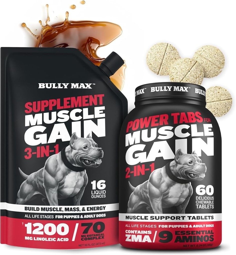 Bully Max 3-σε-1 Liquid Dog Muscle Builder and Power Tabs (60 tabs) Bundle – High Protein Supplement & Chewable Multivitamins for Muscle Growth, Energy & Recovery in All Breeds, Puppies & Adult Dogs
