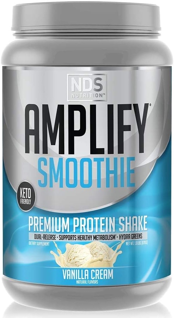 AMPLIFY NDS Nutrition Smoothie Premium Whey Protein Powder Shake med extra gröna och aminosyror - Bygg Lean Muscle, Få styrka, varaktig energi och förlora fett - Vanilla (30 portioner)
