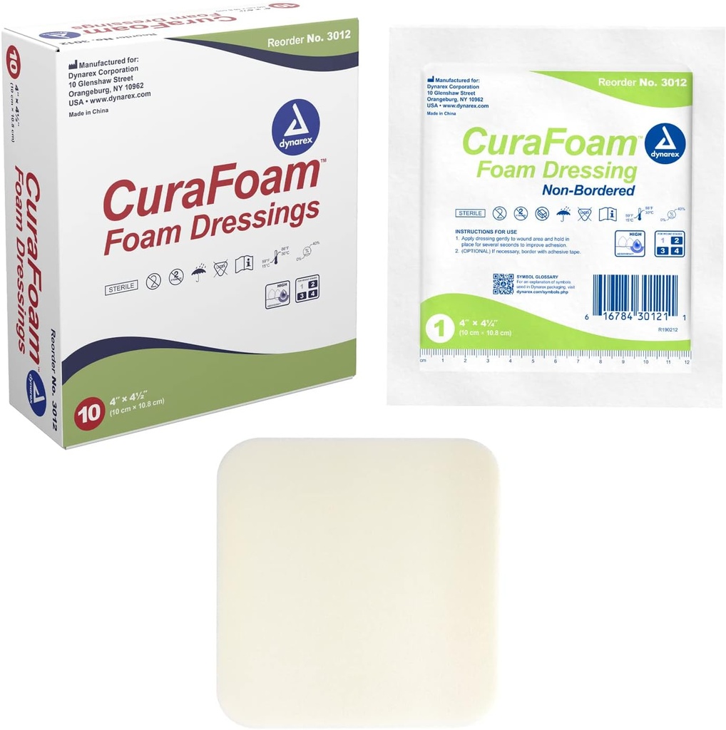 Dynarex 3012 CuraFoam Putas Dressing, Non-Bordered, Sterile, Nodrošina spilgtāku un mitrinātu brūču aprūpi, 4" x 4,25", iepakojumā pa 10