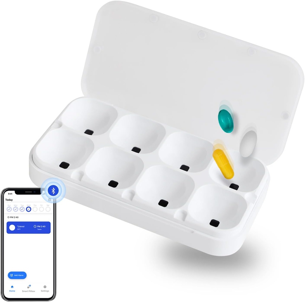DEFI Smart Pillbox, Grande, 8 Fendas, Organizador de comprimidos, Portátil, Bluetooth, Fácil de usar, autocuidado, com Alarme, Som e Luz, Diário, Titular de Medicina Compacto para Vitaminas, Suplementos, aplicativo de lembrete gratuito.