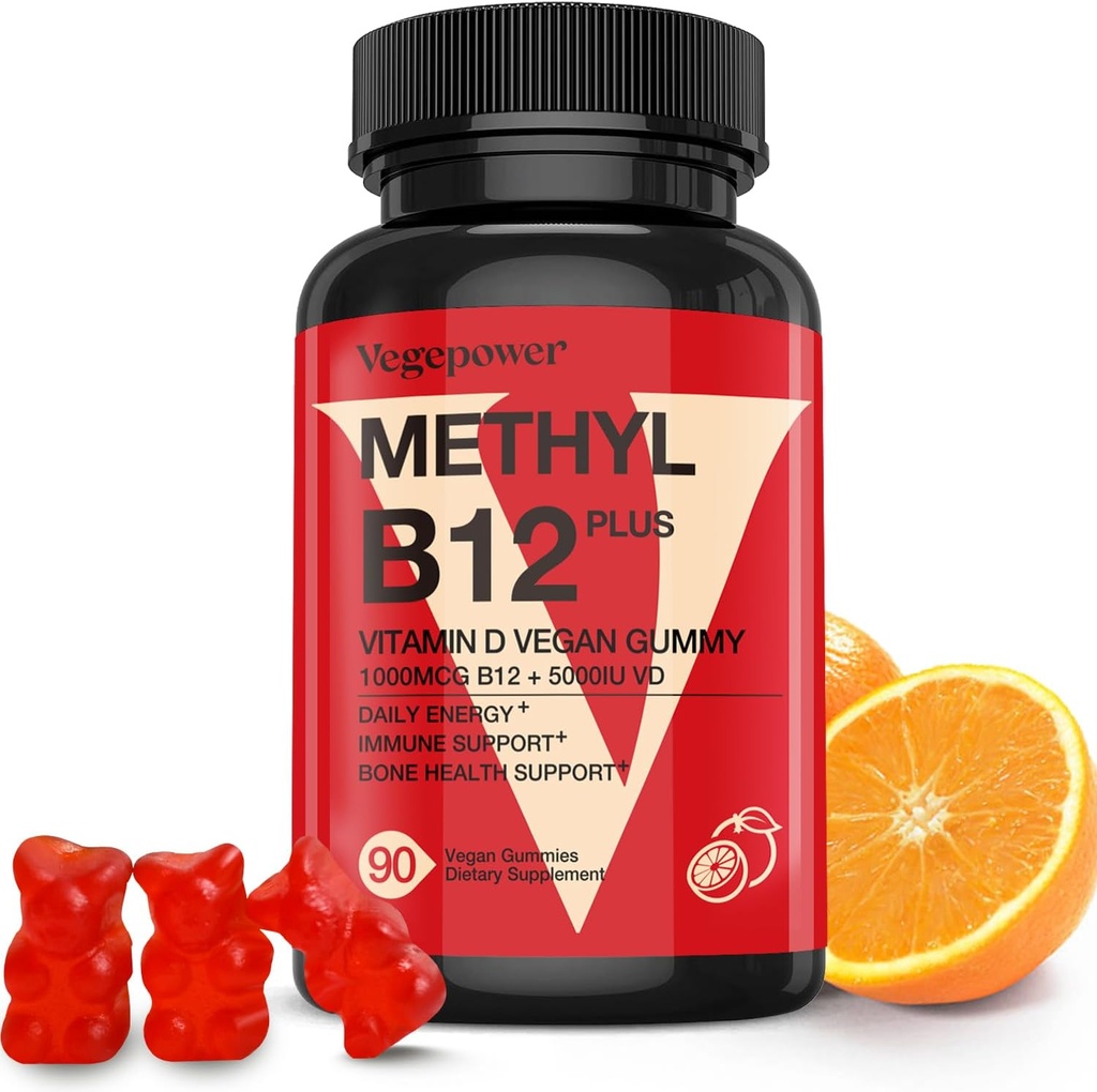 Vegan Vitamin D3 & B12 Gummies, Metil B12 Suplemen untuk Dewasa & Anak-anak, dilengkapi dengan Vitamin D 3 untuk Natural Energy, Imune, Metabolisme & Fokus, Orange, 90 Gummies
