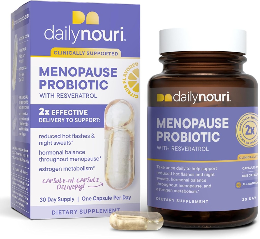 Daglig Nouri Menopause Probiotic | støtter Hormonal Balance, Estrogen, Hot Flashes, Natt Sweats, Bloating & Gut Helse | 3 klinisk studerte Strains + Resveratrol & Vegan Omega olje | 30 dagers forsyning