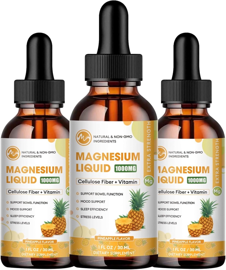 M inch (3 Pack) Magnesium Glycinat Tropfen - Magnesium Liquid Supplement 1000mg mit Fiber Bromelain Vitamin B,C,D - 98% Absorption als Pillen Gummi