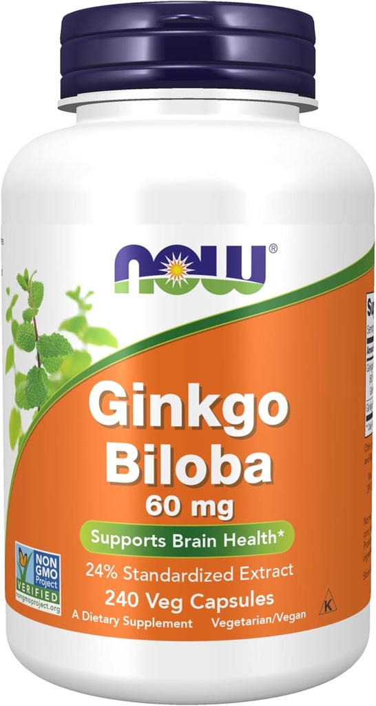 MAINTENANT compléments alimentaires, Ginkgo Biloba 60 mg, 24% extrait normalisé, projet non-OGM vérifié, 240 capsules de légumes