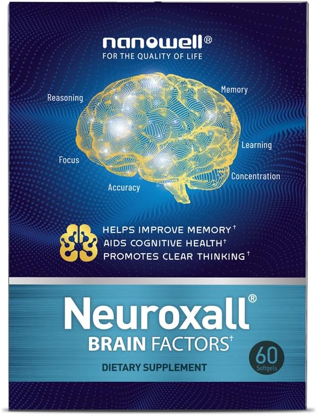 NANOWELL Neuroxall Brain Factors - Kognitivt stöd med vitamin B6, Astaxanthin, Ginkgo Biloba Extract & Phosphatidylserine - ökar hjärnhälsa, minne och fokus - 60 Softgels
