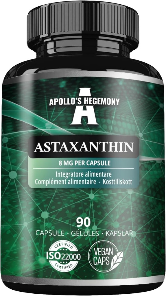 APOLLO'S HEGEMONY Astaxanthine 8 mg van Microalgen Hematococcus pluvialis - 90 Vegan Capsules - 3 maanden Levering - Krachtige antioxidant - Dieetsupplement