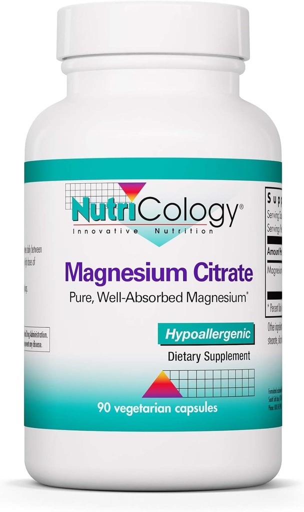 Нутриологія Magnesium Citrate Supplement - Bone & Stress Support, Pure, Well-Absorbed, Hypoallergenic, 170mg Вегетаріанські капсули - 90 граф