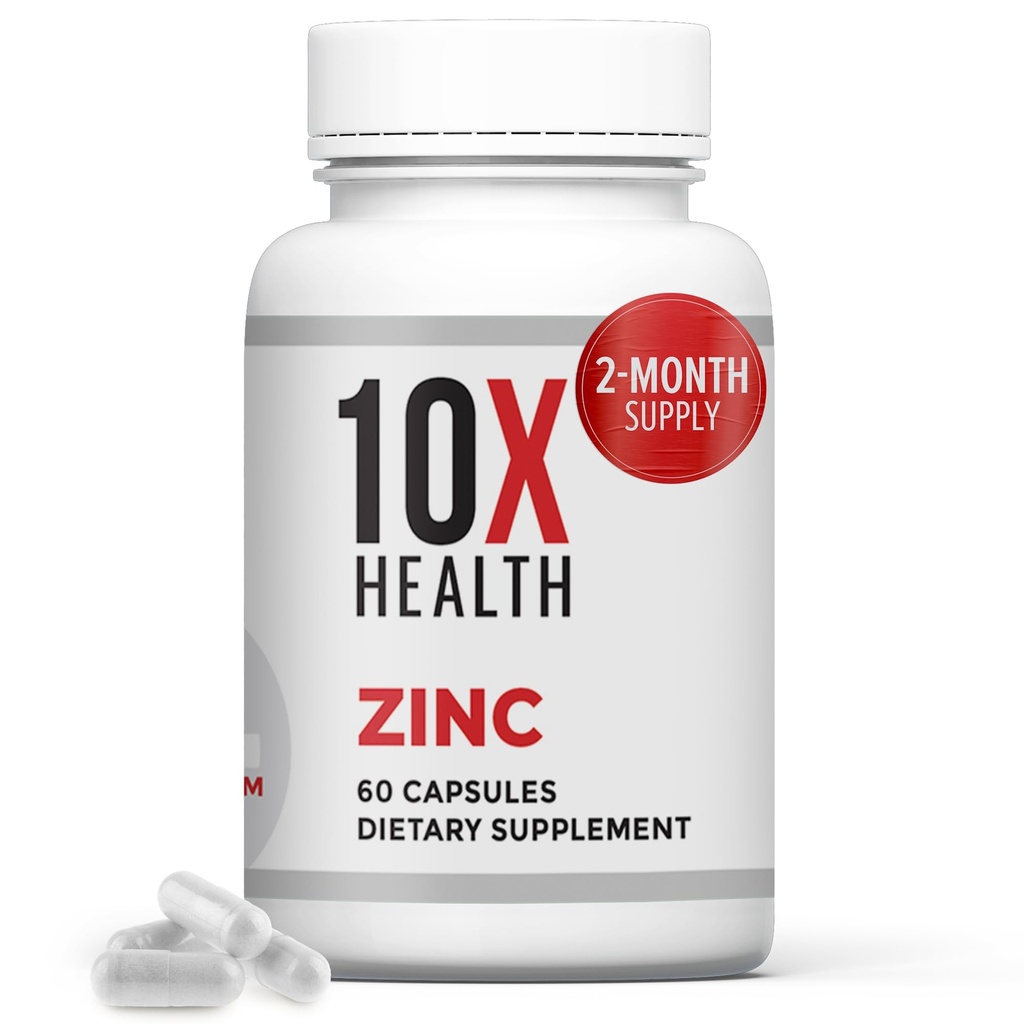 10X Health Zinc Supplements - Contains Zinc 30mg for DNA & Protein Synthesis, Overall Wellness & Immune Support Supplement - Highly Absorbable Vitamins (60 Capsules)