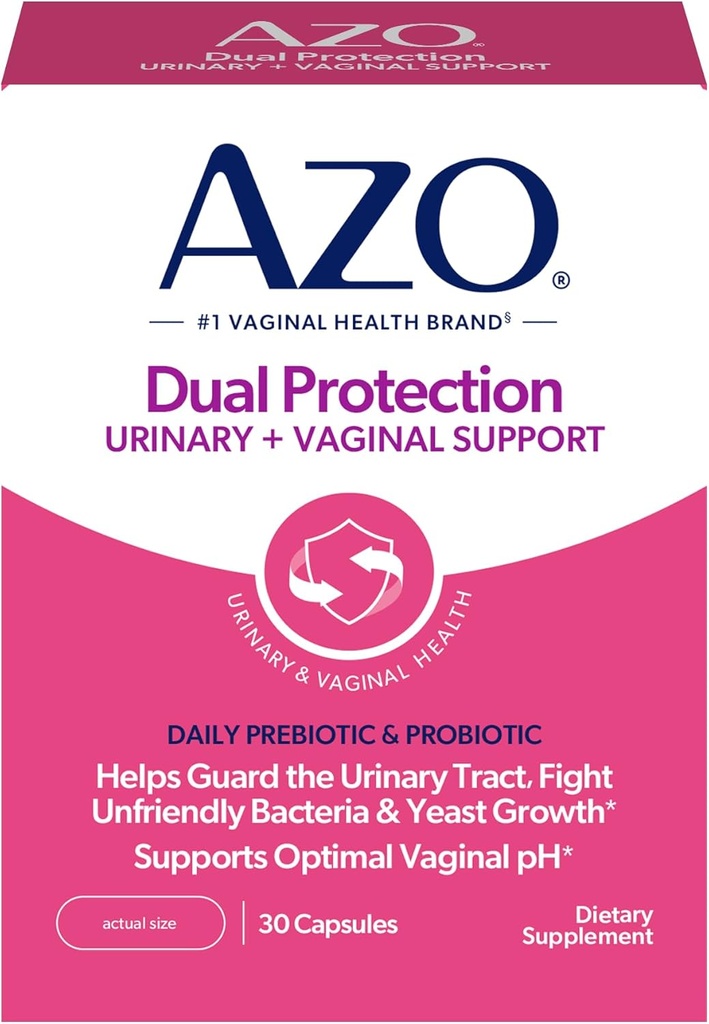 AZO Dual Protection, Urinary + Vaginal Support, Prebiotika och Probiotika för kvinnor*, börjar arbeta inom 24 timmar, icke-GMO, 30 greve