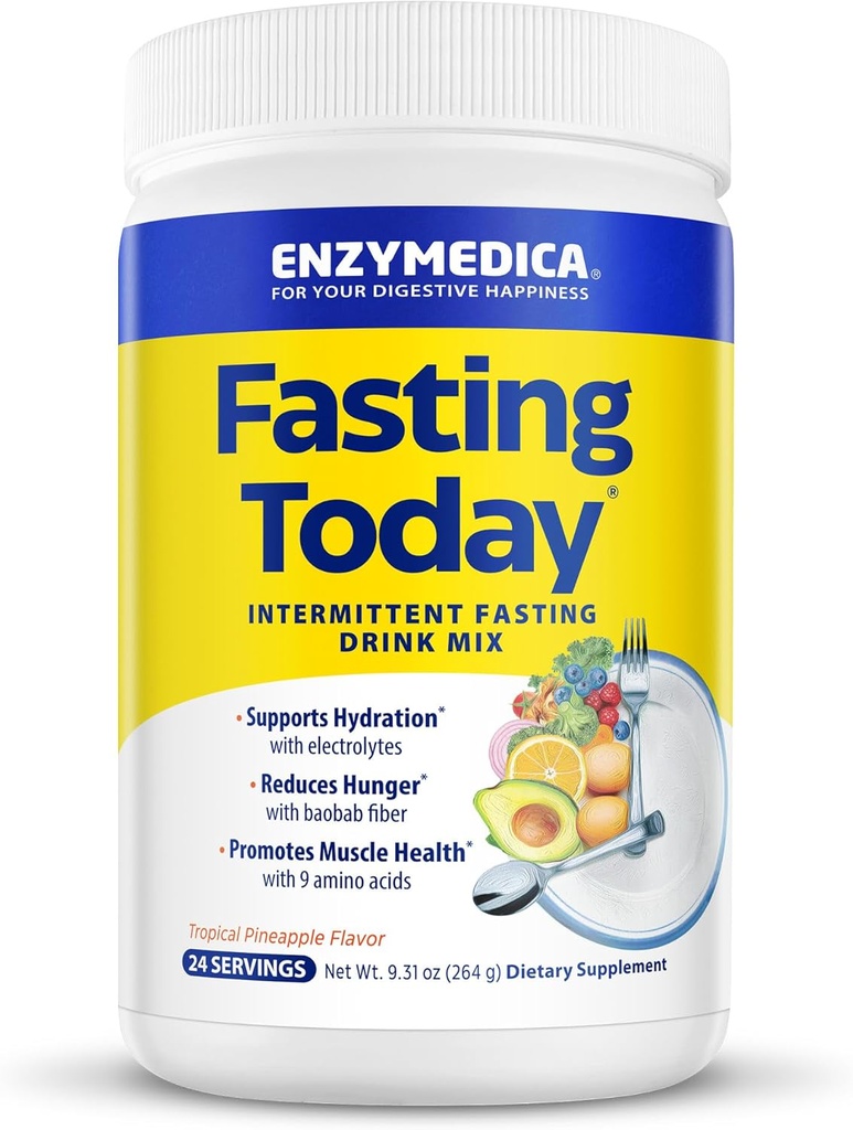 Enzymedica, Fasting Today, Intermittent Fasting Drink Mix with Electrolyte Powder Supplement for Hydration, Appetite and Muscle Health, Keto Friendly, Tropical Pineapple Flavor, 24 Servings
