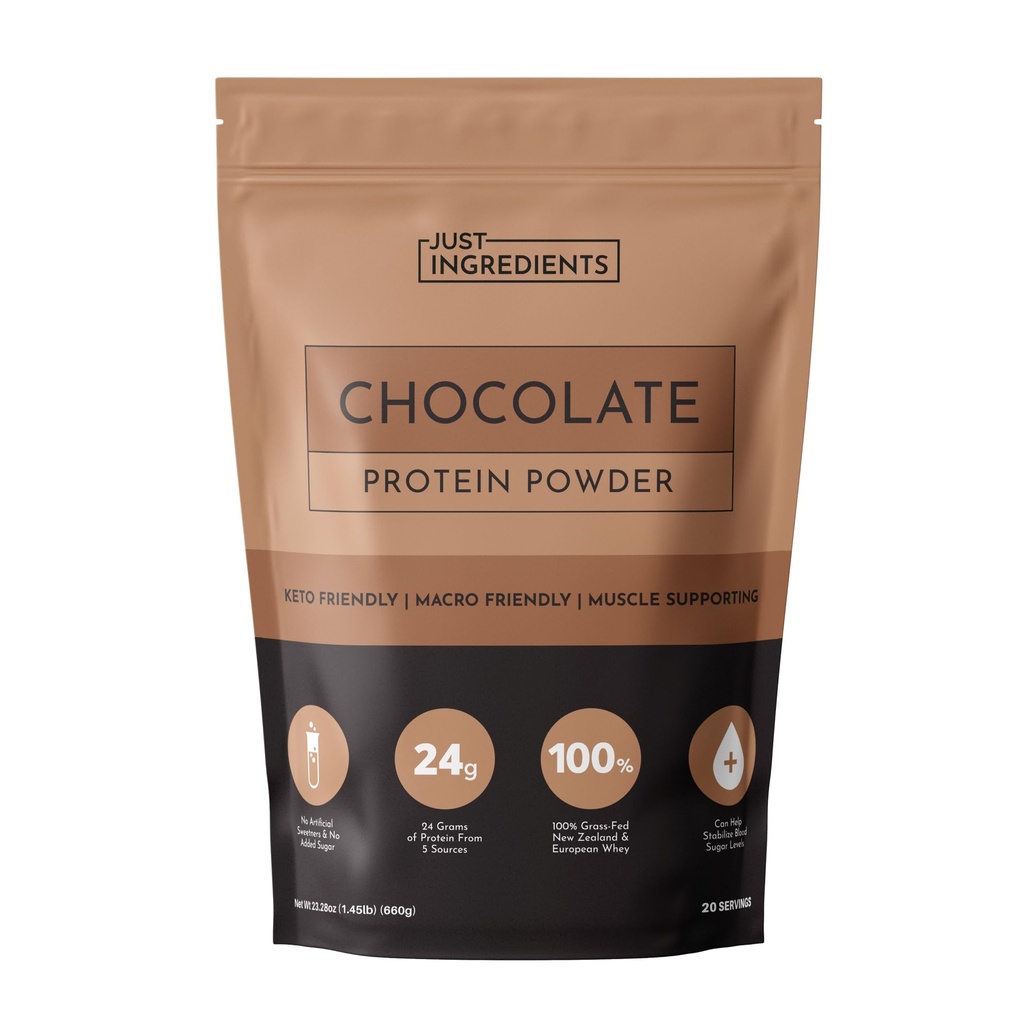 JUST INGREDIENTS Chocolate Protein Powder 20-Serving Blend with 100% Grass-Fed Whey & Organic Plant Proteins, Rich Cocoa Flavor, Gluten-Free, Soy-Free, Supports Muscle Recovery, Energy