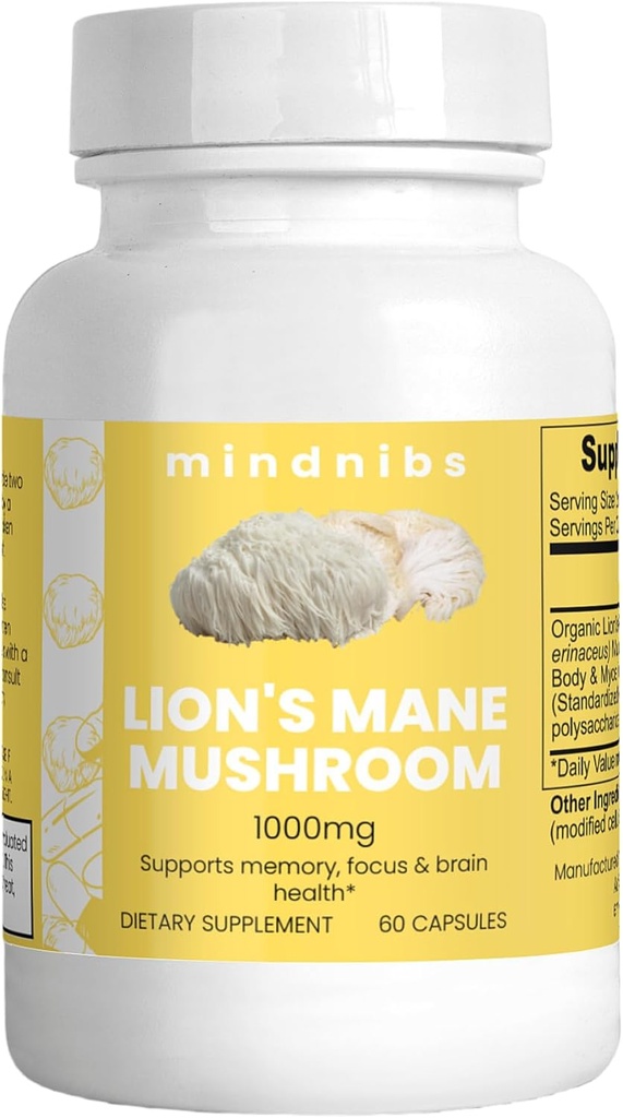 Mane Mushroom Capsules 1000mg - Cognitive Prog, bảo vệ thần kinh Nootropics, 60 Caps Vegan Caps