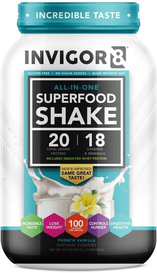 INVIGOR8 Superfood Grass Fed Whey proteini Isolate Shake French Vanilla Gluten-Free and Non GMO Mealchange with Probiyotiks and Omega 3 (483g)