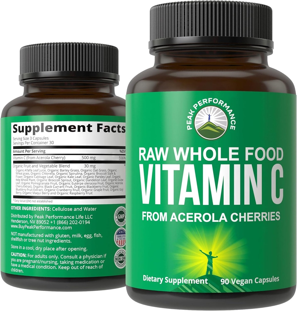 Peak Performance Raw Whole Food Natural Vitamina C Cápsulas de Acerola Cherry para Absorção Max. Vegan EUA Fonte Vitamina C Suplemento 90 comprimidos. 500 mg Servindo ou 2 Servings 1000mg