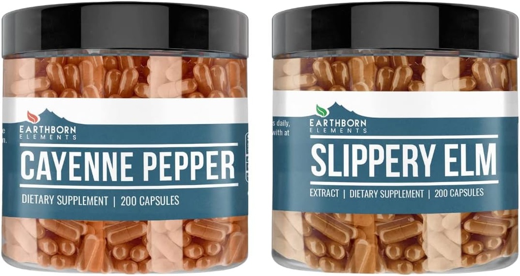 Earthborn Elements Cayenne Pepper & Slippery Elm 번들 (200 캡슐 각각) Pure & Undiluted, 첨가물 없음
