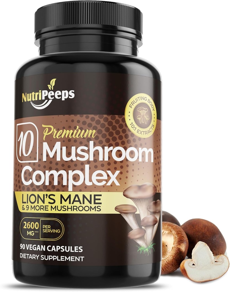有机蘑菇补充剂 - 与Cordyceps, Reishi, Maitake, Shiitake, Lions Mane & More QQNootropoctic Brain Focus 支持 → 2600mg → 90 Capsules 混合十大蘑菇