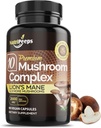 Organic Mushroom Supplement - Top 10 Mushrooms Blend with Cordyceps, Reishi, Maitake, Shiitake, Lions Mane & More | Nootropics Brain Focus Support | 2600mg | 90 Capsule