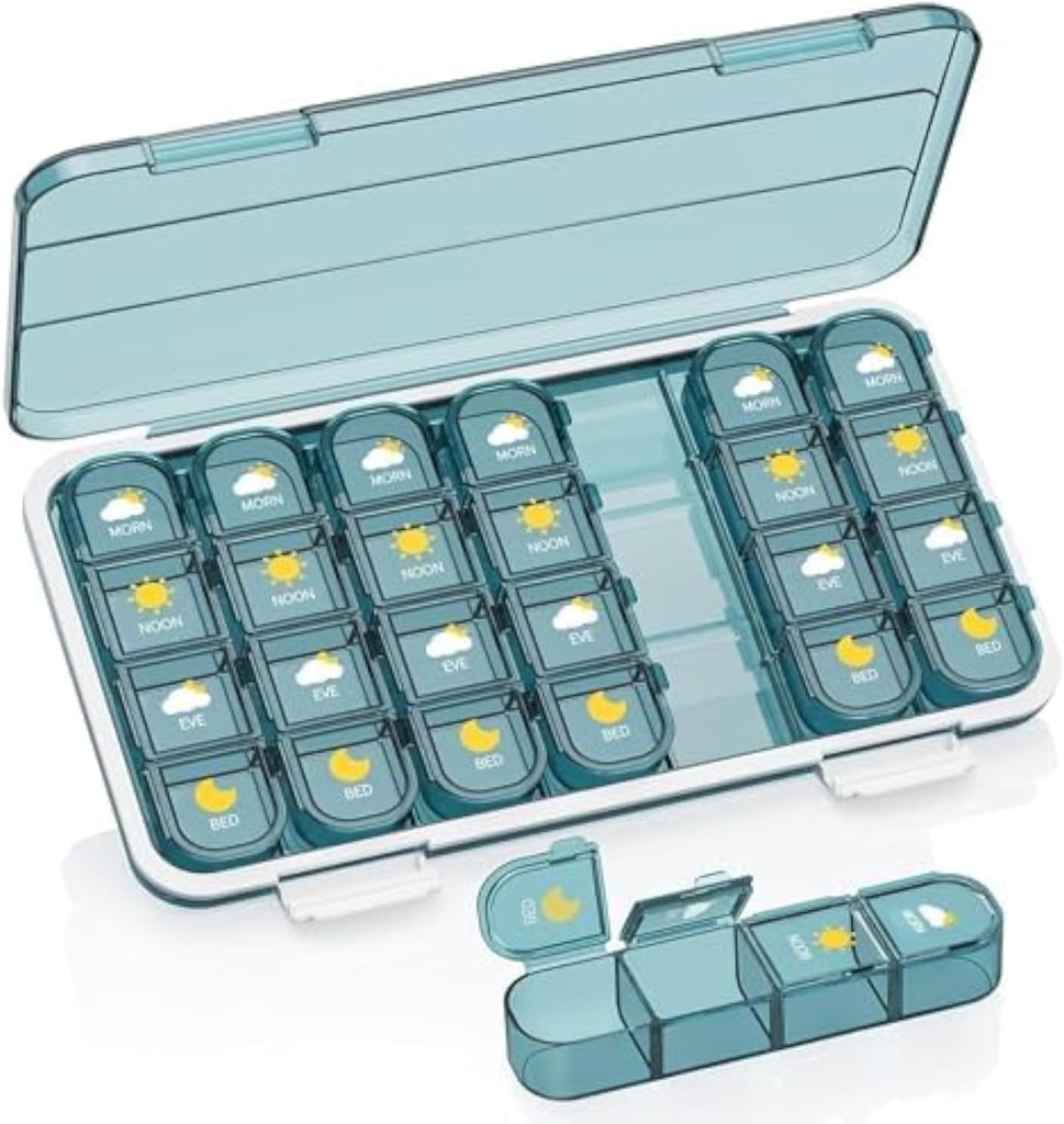 Pill Organizer 4 keer per dag, Pill Box 4 keer een dag 7 dag - Acedada Weekly Medicine Box Organizer met aparte case, draagbare dagelijkse pil containerdispenser voor vitamine, visolie, supplementen, blauw