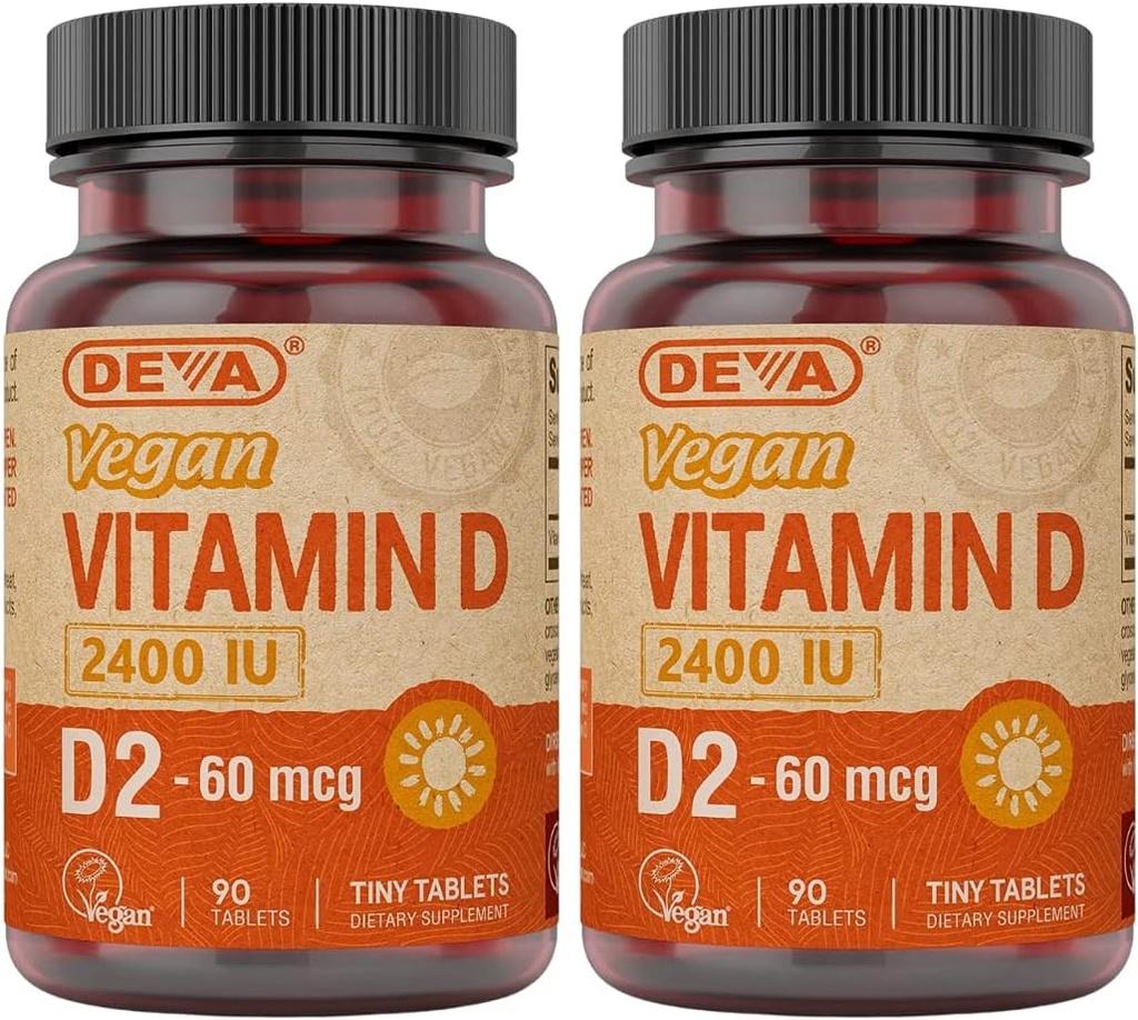 DEVA Vegan Vitamina D2 60 mcg 2400 UI, Suplemento de ergocalciferol sem ingredientes animais, 90 comprimidos (Pack de 2)