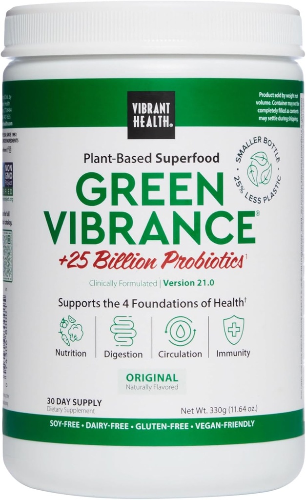 Vibrant Health, Green Vibrance, Includes 65 Plant-Based Superfoods, 25 Billion Probiotics, Fiber, Adaptogens ' Enzymes, 30 Servings