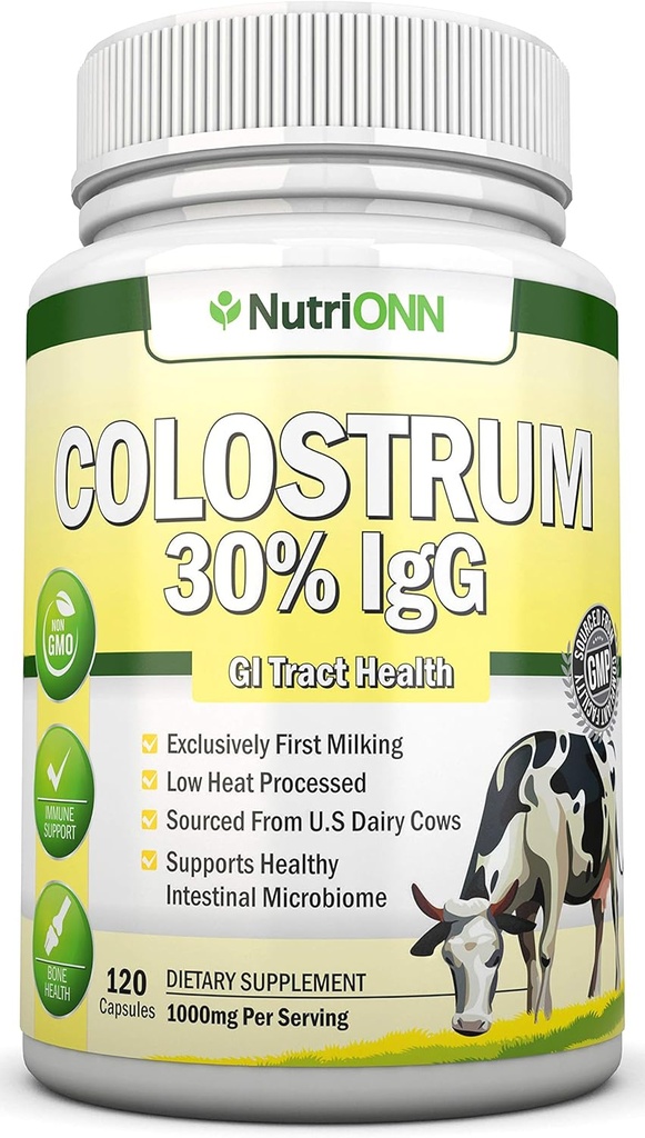 Colostrum - 1000mg - 120 kapszula - 30% IgG - nem-GMO US Dairy - First Milking Bovine Colostrum - Low Heat Processed - Great for GI Tract Health - Immun Support - Csont- és izomegészség