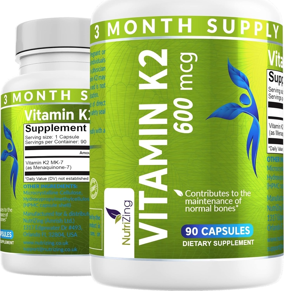 NutriZing K2 supplément de vitamine MK-7 - haute résistance 600mcg - soutient la santé osseuse et artérielle - 90 capsules de végétalien - vitamine K2 pour les hommes et les femmes - 3 mois d'approvisionnement