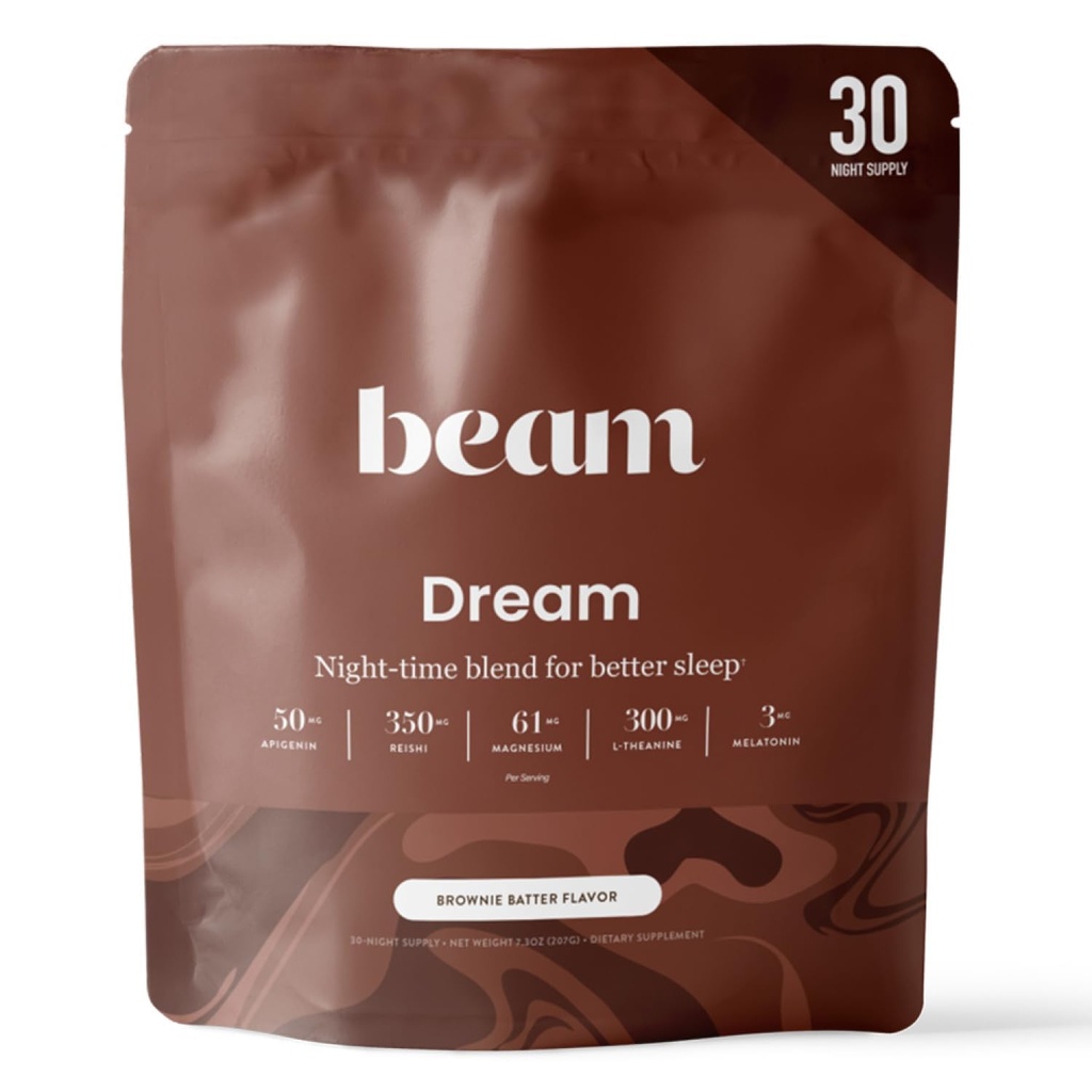 Beam Dream Sleep Powder – Sleep Aid for Adults with Melatonin, Magnesium, L-Theanine, Reishi Mushroom & Apigenin Sleep Supplement, Sleepy Cocoa Bedtime Drink Mix, Brownie Batter Flavor, 30 Servings