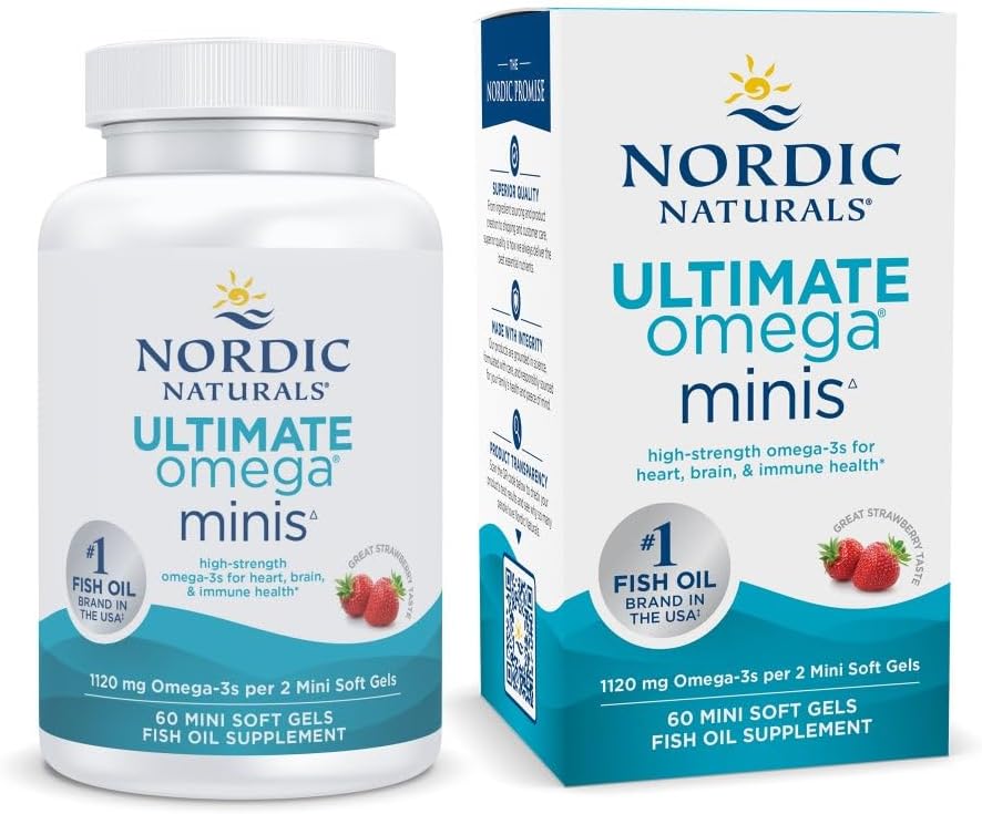 Nordic Naturals Ultimate Omega Minis, Strawberry Flavor - 60 Minis Soft Gels - 1120 mg Omega-3 - Højpotens Fish Oil Supplement - EPA & DHA - fremmer hjerne & hjerte sundhed - 30 Serveringer