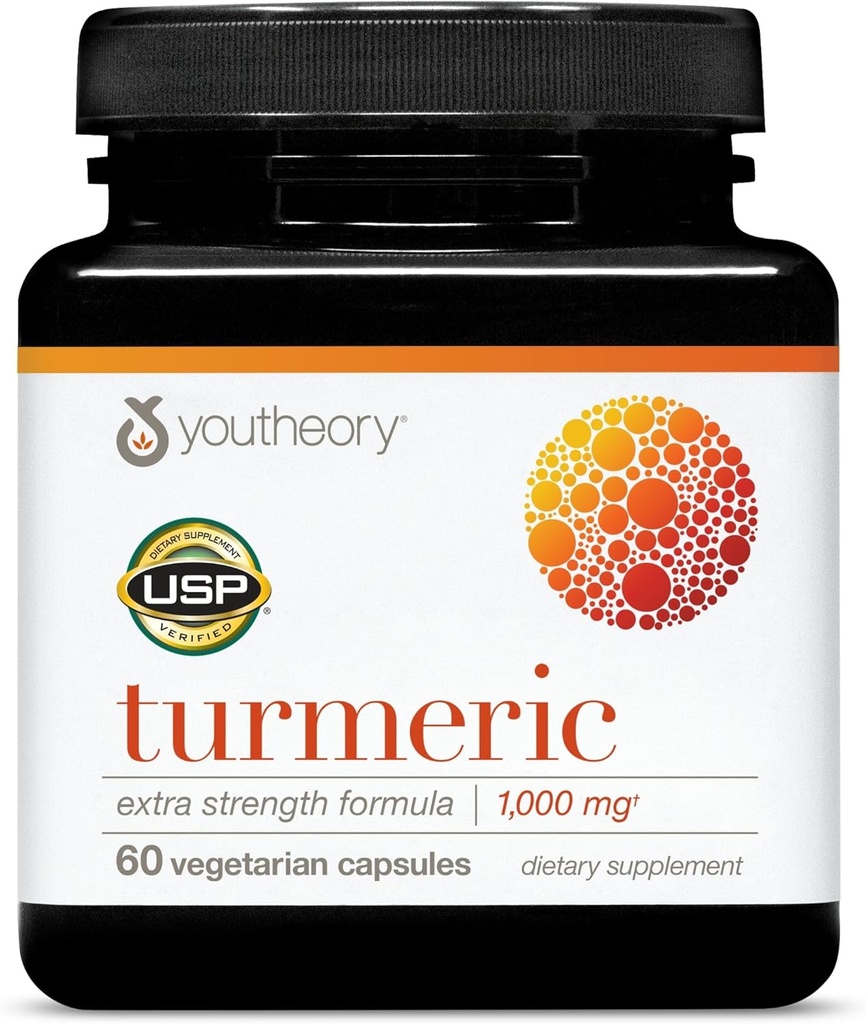 Youtheory Turmeric Extra Strength - 1000 mg - Soutienne la santé cérébrale, musculaire et articulaire* - Contient des bioenhancers, des curcuminoïdes et des extraits à base de plantes - USP Vérifié - 60 capsules végétariennes (30 jours d'approvisionnement)