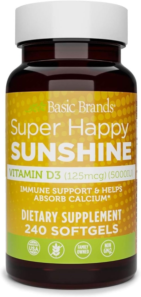 Βασικές μάρκες Super Happy Sunshine Βιταμίνη D3 5000IU, 240-αριθμός (πακέτο του 1)