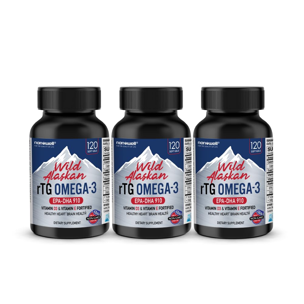 NANOWELL Wild Alaskan rTG Omega-3 Fish Oil 1196mg - EPA, DHA, Vitamin D3 & E - 120 Softgels x 3 Bottles (360 Count)