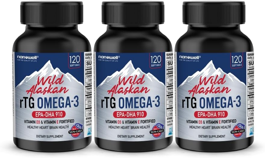 NANOWELL Wild Alaskan rTG Omega-3 Fish Oil 1196mg - EPA, DHA, Vitamina D3 & E - 120 Softgels x 3 bottiglie (360 Conte)