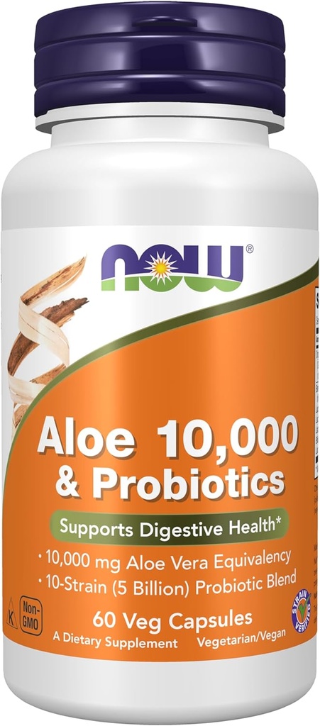 NOW maisto papildai, Aloe 10 000 & Probiotikai su 10-padermės (5 milijardai) Probiotinis mišinys, 60 Veg kapsulės