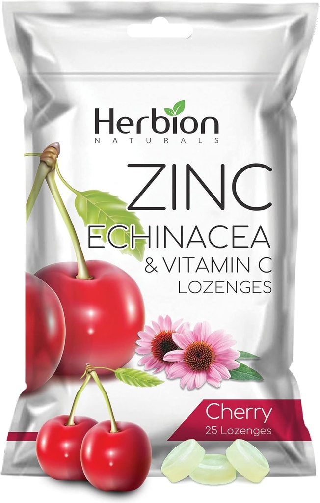 HERBION Naturals Sinkki, Echinacea & C-vitamiini Lozenges 25 CT, Ravintolisä aikuisille & lapsille 5+, edistää hyvinvointia koko perheelle, 25 kreivi, kirsikka, pakkaus 1