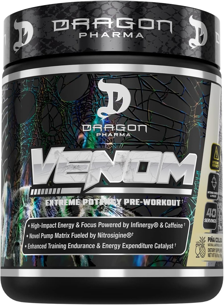 DRAGON PHARMA Venom Extreme Potency Pre-Workout, Laser Sharp Focus + Energy, Intense Performance, Proven Ingredients for Enhanced Vasodilation & Endurance (40 Servings, Piña Colada)