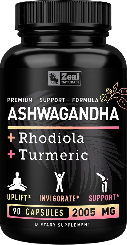 Zeal Organic Adaptogenic Ashwagandha Complex | 2005mg, 90 Capsules | Organic Ashwagandha Root Powder + Rhodiola Rosea + Turmeric | 3-in-1 Stress Relief, Energy & Joint Support Supplement