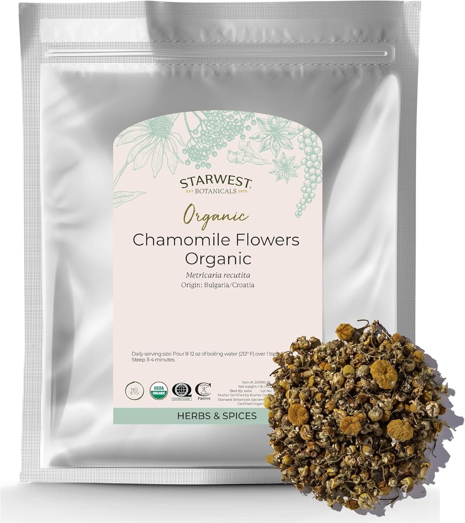 Starwest Botanicals Organic Chamomile Flowers Whole - Dried Loose Leaf Herb for Tea, Herbal Lotions, & Baking, Sourced from Croatia & Bulgaria, Certified Kosher, Non-GMO - Bulk 1 lb Bag