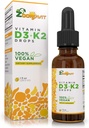 Picături lichide din Vegan Vitamina D3 K2 (MK7) - 100% vitamina D pe bază de plante îmbunătățit cu ulei de cocos pentru absorbție maximă - 1 Servire = 1000 UI VIT D3 și 200 mcg VIT K2