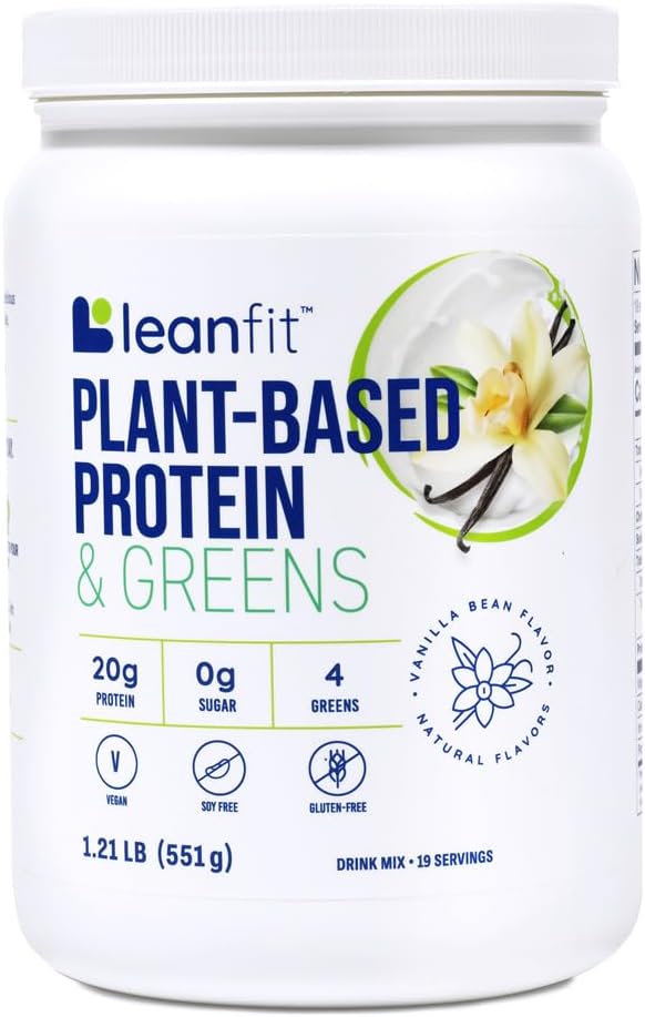 LeanFit Plant-Based Protein " Greens Natural Vanilla – 20g Plant Protein + 4 Leafy Greens Per Serving – Vegan, Gluten-Free, Soy-Free, No Sugar – 19 Servings, 1.21 Pound Tub