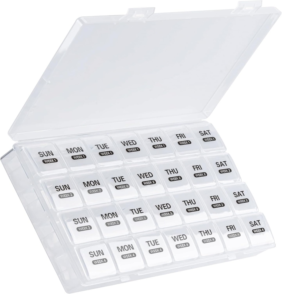 Aylık Pill Organizer, 28 Günlük Pill Box 1 Zaman Toz-Proof Case ile Bir Gün, Büyük 4 Haftalar Bir Ay Pill Case Konteyner, Günlük Vitamini Pills / Medicine/Fish Oil /Supplements (Beyaz)