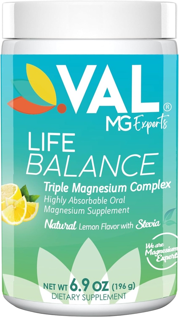 VAL Triple Magnesium Complex Powder – Citrat, Glycinate, Taurate – Anti-Stress Relaxation Drink – Natürliche Zitronenflamme – 400mg Magnesium, Vitamin B6 – 6.9 Unze - 70 Portionen (Pack von 1)